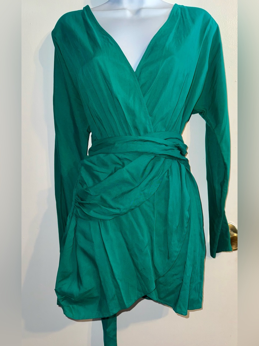 L'Academie Emerald Green Wrap Mini Dress with Waist Tie